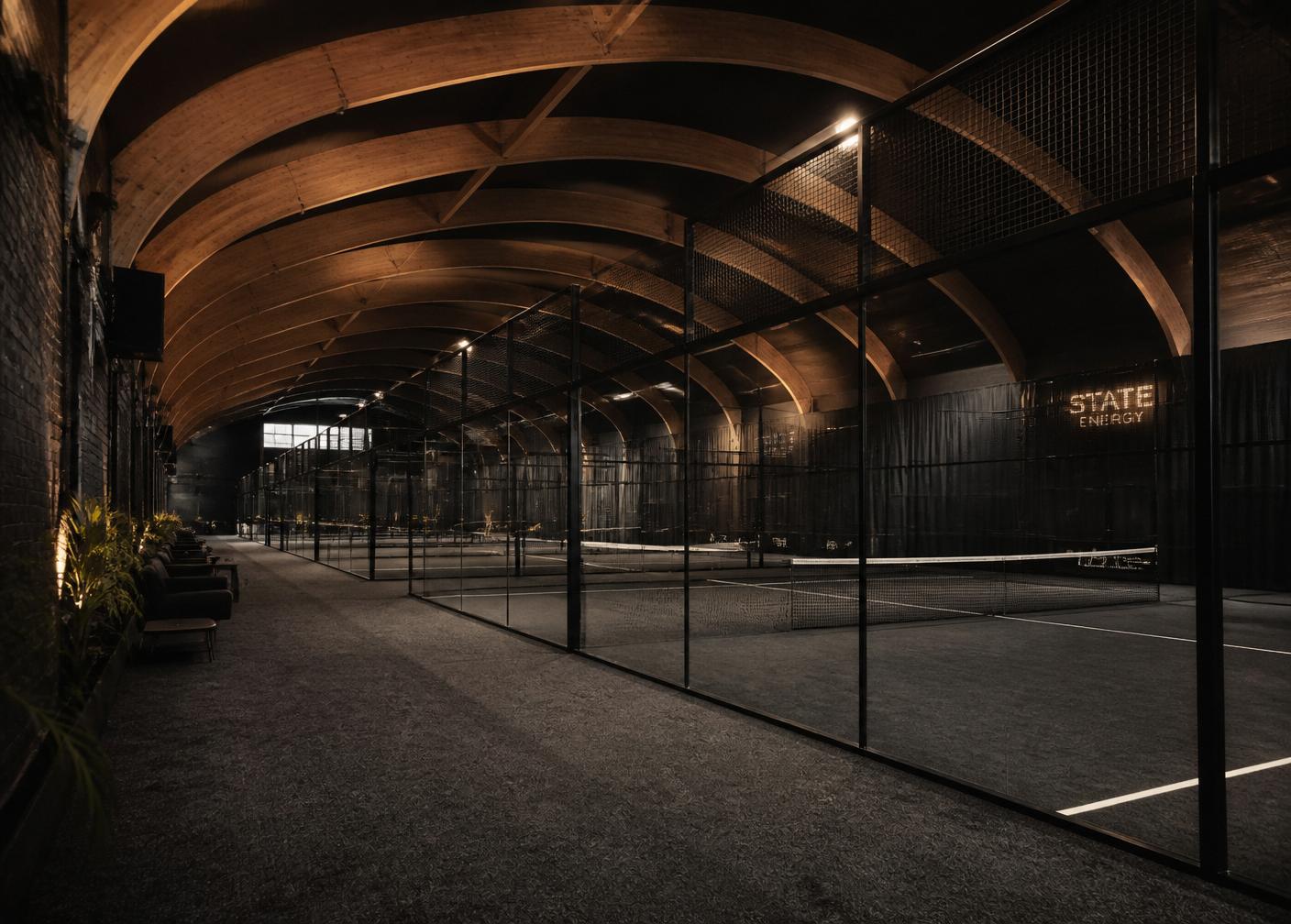 Innenansicht der geplanten Padelhalle mit Holzdachbögen und schwarzen Vorhängen